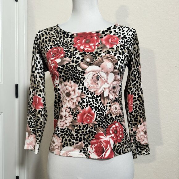 Y2K Pierre New York Pink Animal Print Floral Blouse Women's size Small - Picture 1 of 8